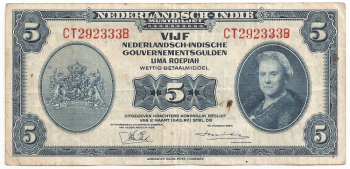 INDIILE OLANDEZE NETHERLANDS INDIES 5 GULDEN 1943 VF