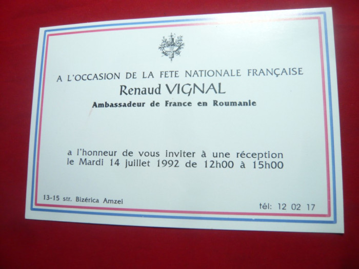 Invitatie la Receptia Ambasadei Frantei in Romania, Ambasador R.Vignal 1992