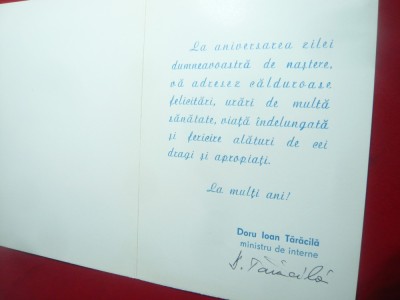 Felicitare semnata de Doru I.Taracila Ministru Interne anii &amp;#039;90 foto