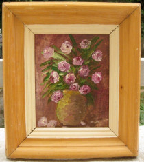Tablou Natura statica cu flori roz pictura ulei pe mucava 29x33cm foto