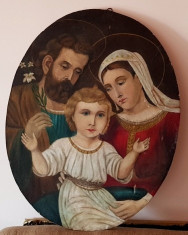 ANTICHITATI icoana Iisus Iosif Maria anii 1800 1900 tablou oval ulei panza foto