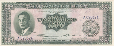 Bancnota Filipine 200 Pesos (1949) - P140 UNC (seria &amp;quot;englezeasca&amp;quot;) foto