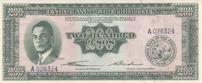 Bancnota Filipine 200 Pesos (1949) - P140 UNC (seria &quot;englezeasca&quot;)