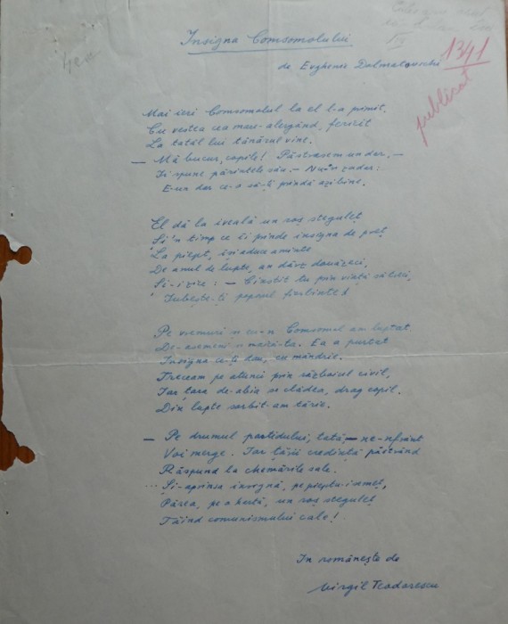 Text olograf Virgil Teodorescu avangardistul, Insigna Comsomolului, traducere