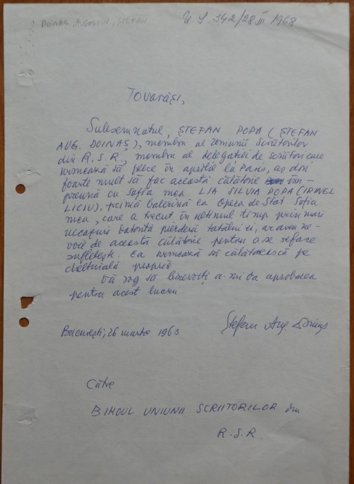 Text olograf Stefan Augustin Doinas, 1960