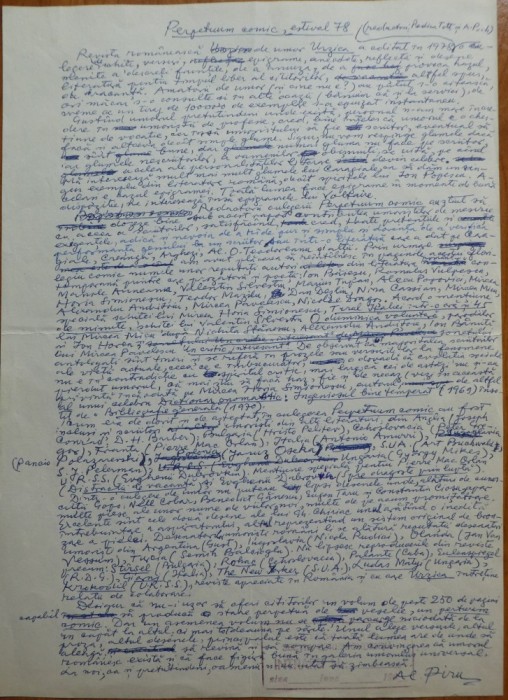 Manuscris al criticului si scriitorului Alexandru Piru, Perpetuum comic estival 1978