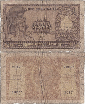 1951 (31 XII), 100 lire (P-92a) - Italia! (CRC: 30%) foto