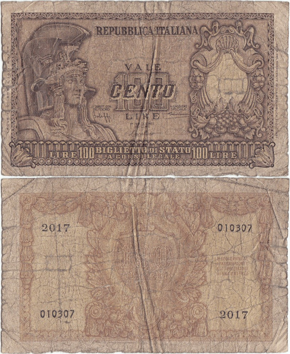 1951 (31 XII), 100 lire (P-92a) - Italia! (CRC: 30%)