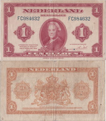 1943 (4 II), 1 gulden (P-64a) - Țările de Jos! (CRC: 34%) foto