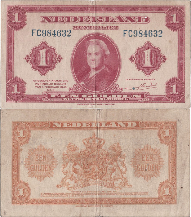 1943 (4 II), 1 gulden (P-64a) - Țările de Jos! (CRC: 34%)