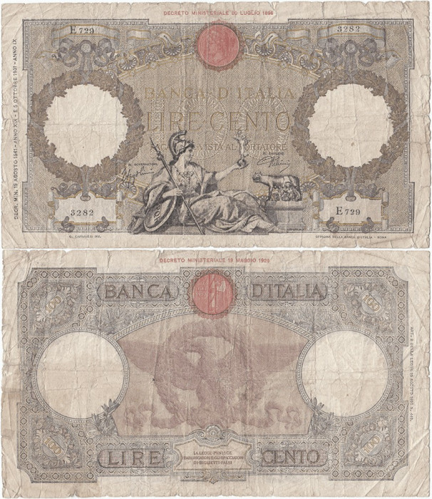 1941 (19 VIII), 100 lire (P-55b.20) - Italia! (CRC: 75%) Fascio!