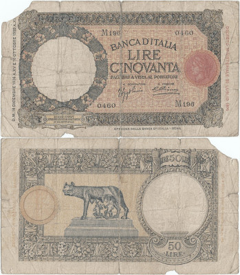 1936 (16 XII), 50 lire (P-54a.5) - Italia! (CRC: 75%) (prezinta reparatie) foto