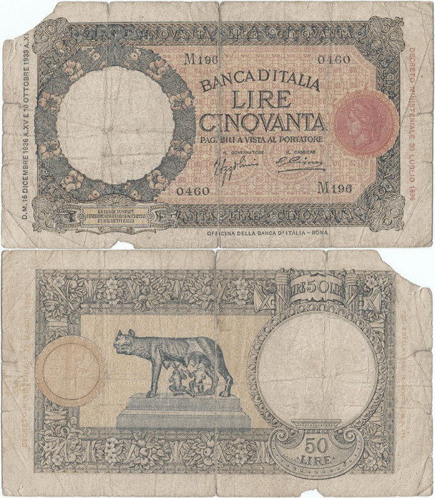 1936 (16 XII), 50 lire (P-54a.5) - Italia! (CRC: 75%) (prezinta reparatie)