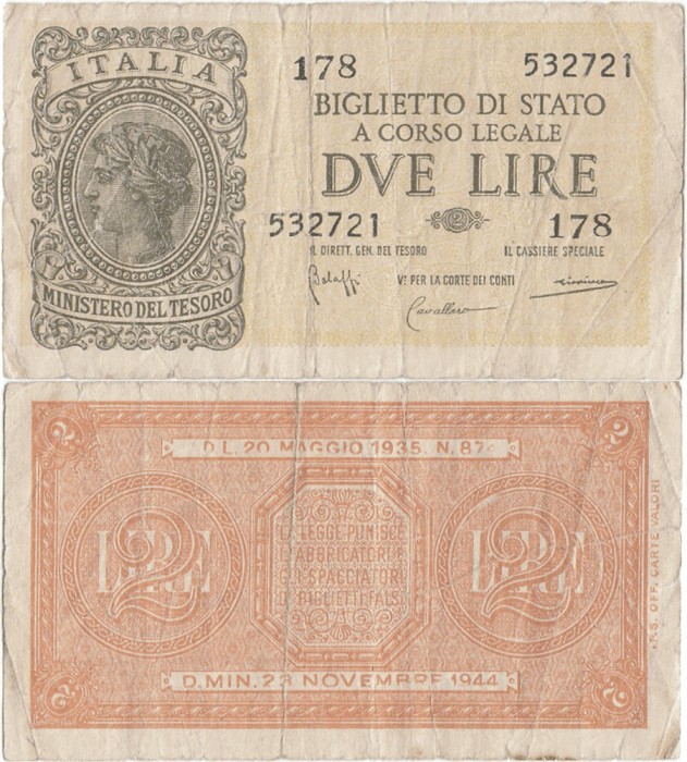 1944 (23 XI), 2 lire (P-30b) - Italia! (CRC: 38%)
