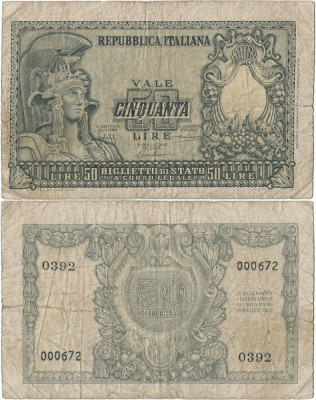 1951 (31 XII), 50 lire (P-91a) - Italia! (CRC: 29%) foto