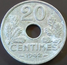 Moneda ISTORICA 20 CENTIMES - FRANTA, anul 1942 *cod 5096 ZINC VICHY foto