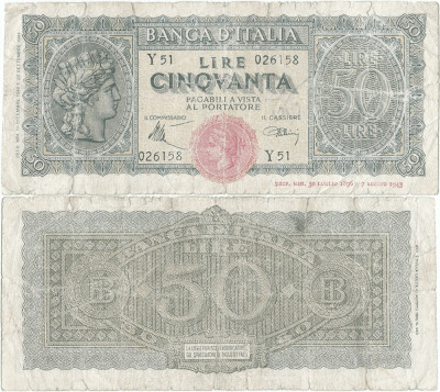 1944 (10 XII), 50 lire (P-74) - Italia! (CRC: 50%) (prezinta reparatie) foto