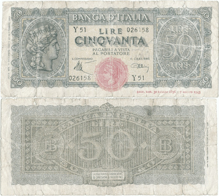 1944 (10 XII), 50 lire (P-74) - Italia! (CRC: 50%) (prezinta reparatie)