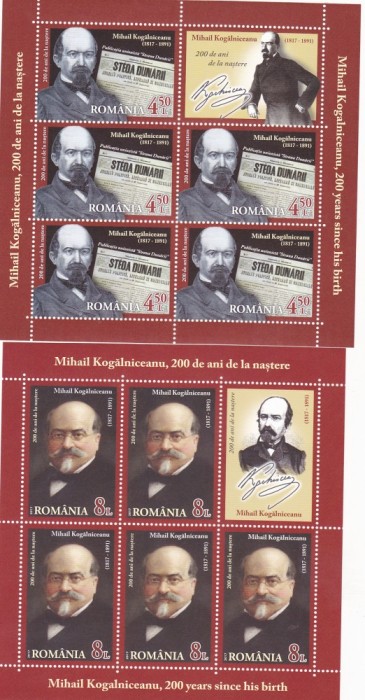 SUB NOMINAL!! ,KOGALNICEANU 200 ANI ,MINISHEET,2017,NEUZAT,MNH,ROMANIA.