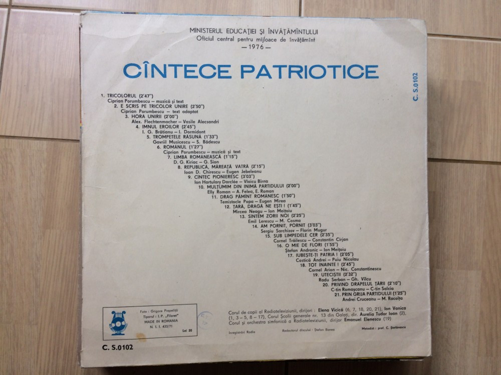 Tricolorul cantece patriotice pionieri disc vinyl lp muzica corala cor C.S.  0102, VINIL, electrecord | Okazii.ro