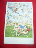 Ilustrata- Felicitare -Fetita in iarba si copac inflorit cu pasare 1949, Circulata, Printata