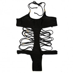 Costum de baie intreg monokini negru cu snururi