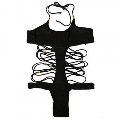 Costum de baie intreg monokini negru cu snururi foto