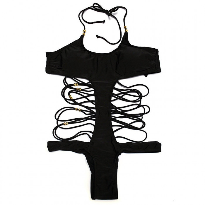 Costum de baie intreg monokini negru cu snururi