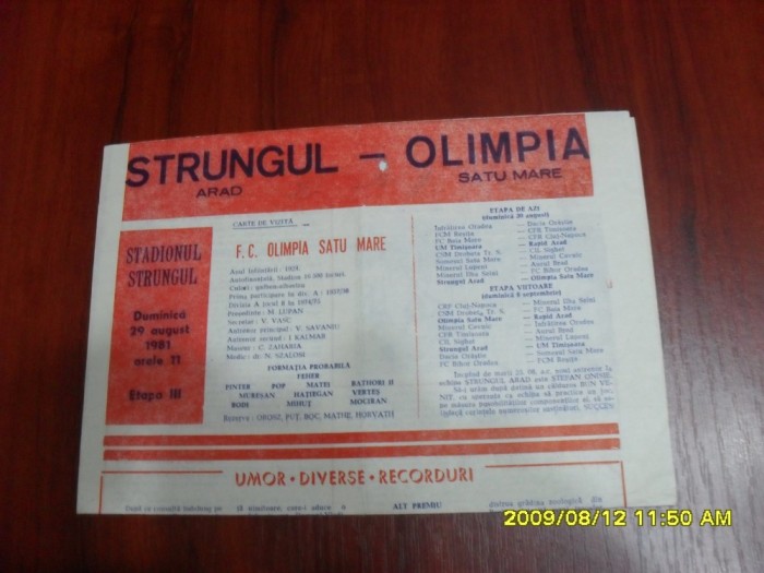 program Strungul Arad - Olimpia SM