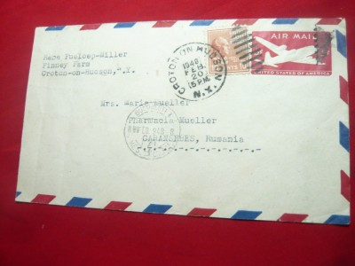 Plic circulat Posta Aeriana SUA la Caransebes , Farmacia Mueller 1948 foto