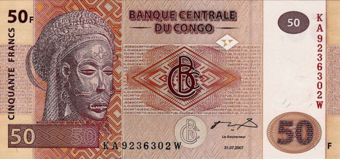 CONGO █ bancnota █ 50 Francs █ 2007 █ P-97 █ G&amp;D █ UNC █ necirculata