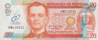 FILIPINE █ bancnota █ 20 Piso █ 2009 █ P-200 COMEMORATIV █ 60 ANI BANKING █ UNC foto