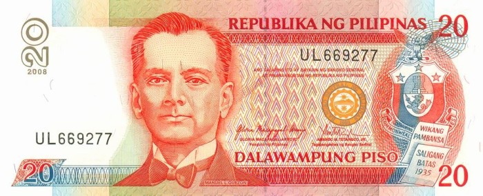 FILIPINE █ bancnota █ 20 Piso █ 2008 █ P-182j █ UNC █ necirculata