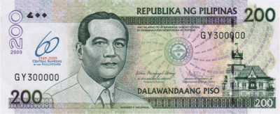 FILIPINE █ bancnota █ 200 Piso █ 2009 █ P-203 COMEMORATIV █ 60 ANI BANKING █ UNC foto