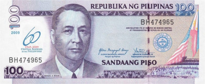 FILIPINE █ bancnota █ 100 Piso █ 2009 █ P-202 COMEMORATIV █ 60 ANI BANKING █ UNC foto