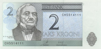 ESTONIA █ bancnota █ 2 Krooni █ 2007 █ P-85b █ UNC █ necirculata foto