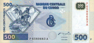 CONGO █ bancnota █ 500 Francs █ 2002 █ P-96A FĂRĂ DIAMANTE G&amp;amp;D █ UNC necirculata foto