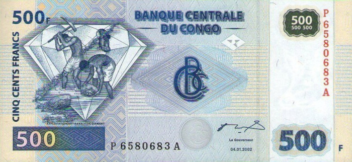 CONGO █ bancnota █ 500 Francs █ 2002 █ P-96A FĂRĂ DIAMANTE G&amp;D █ UNC necirculata