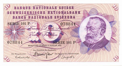 ELVETIA █ bancnota █ 10 Franken █ 6.1. 1977 █ P-45u █ UNC █ necirculata foto