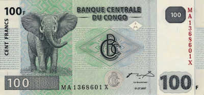 CONGO █ bancnota █ 100 Francs █ 2007 █ P-98 █ HdMZ █ UNC █ necirculata foto
