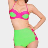 Costum de baie neon cu push up- slip talia inalta, S