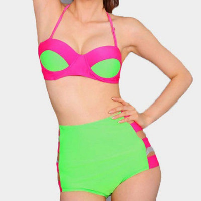 Costum de baie neon cu push up- slip talia inalta foto