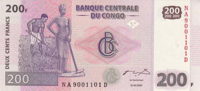 CONGO █ bancnota █ 200 Francs █ 2007 █ P-99a █ G&amp;D █ UNC █ necirculata