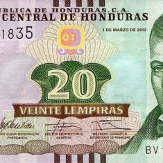HONDURAS █ bancnota █ 20 Lempiras █ 2012 █ P-100a █ UNC █ necirculata