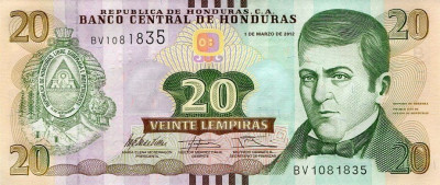 HONDURAS █ bancnota █ 20 Lempiras █ 2012 █ P-100a █ UNC █ necirculata foto