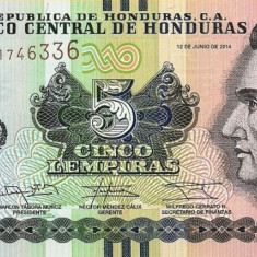 HONDURAS █ bancnota █ 5 Lempiras █ 2014 █ P-98b █ UNC █ necirculata