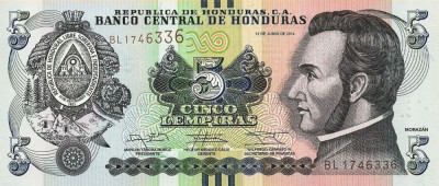 HONDURAS █ bancnota █ 5 Lempiras █ 2014 █ P-98b █ UNC █ necirculata foto