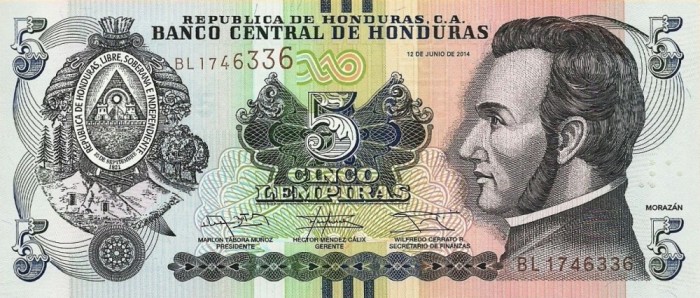 HONDURAS █ bancnota █ 5 Lempiras █ 2014 █ P-98b █ UNC █ necirculata