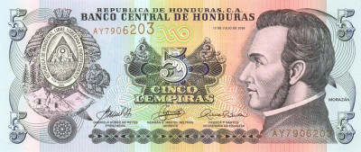 HONDURAS █ bancnota █ 5 Lempiras █ 2006 █ P-91a █ UNC █ necirculata foto