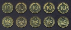 GERMANIA RFG SET COMPLET DE MONEDE 10 Pfennig x5 buc 1994 A D F G J KM-108 UNC